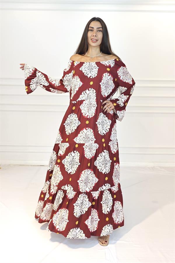 Bordo Madonna Yaka Desenli Eteği Kat Kat Uzun Elbise
