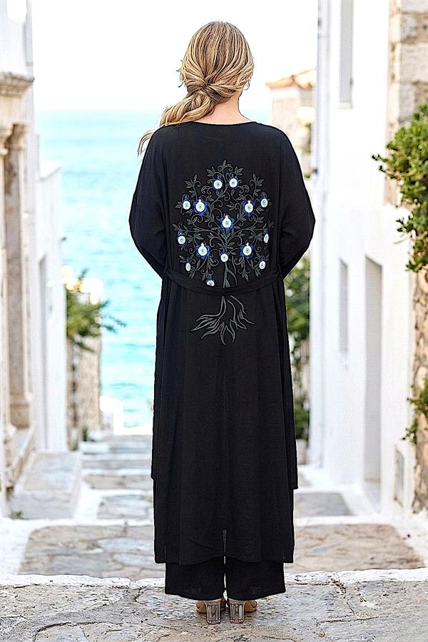 Siyah Mavi Boncuk Kimono Pantolon Takım