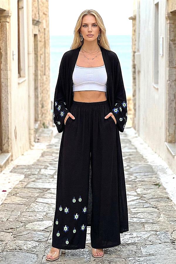 Siyah Mavi Boncuk Kimono Pantolon Takım