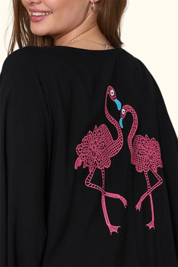 Siyah V Yaka Önü Ve Sırtı Flamingo Nakışlı Cepli Oversize Uzun Gömlek Elbise