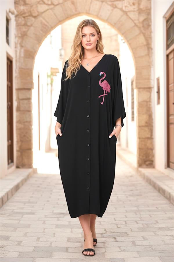 Siyah V Yaka Önü Ve Sırtı Flamingo Nakışlı Cepli Oversize Uzun Gömlek Elbise