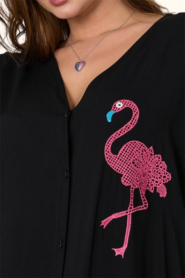 Siyah V Yaka Önü Ve Sırtı Flamingo Nakışlı Cepli Oversize Uzun Gömlek Elbise