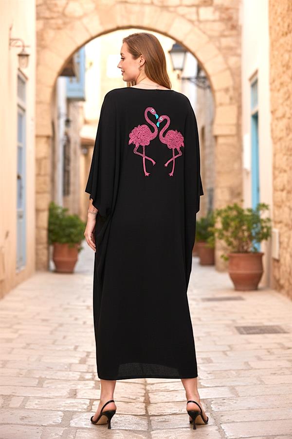 Siyah V Yaka Önü Ve Sırtı Flamingo Nakışlı Cepli Oversize Uzun Gömlek Elbise