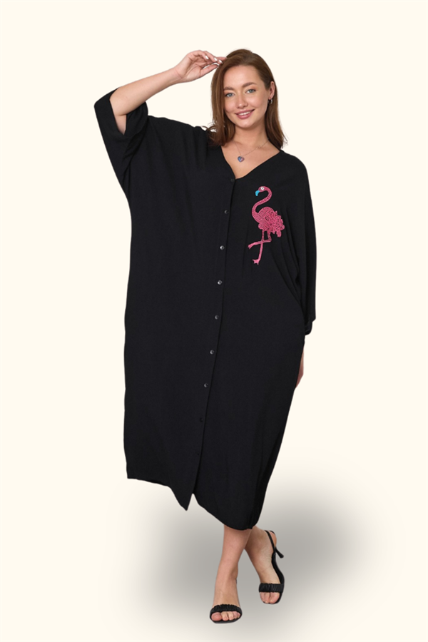Siyah V Yaka Önü Ve Sırtı Flamingo Nakışlı Cepli Oversize Uzun Gömlek Elbise