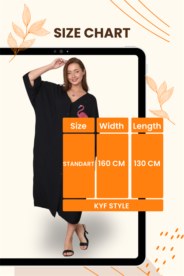 Siyah V Yaka Önü Ve Sırtı Flamingo Nakışlı Cepli Oversize Uzun Gömlek Elbise